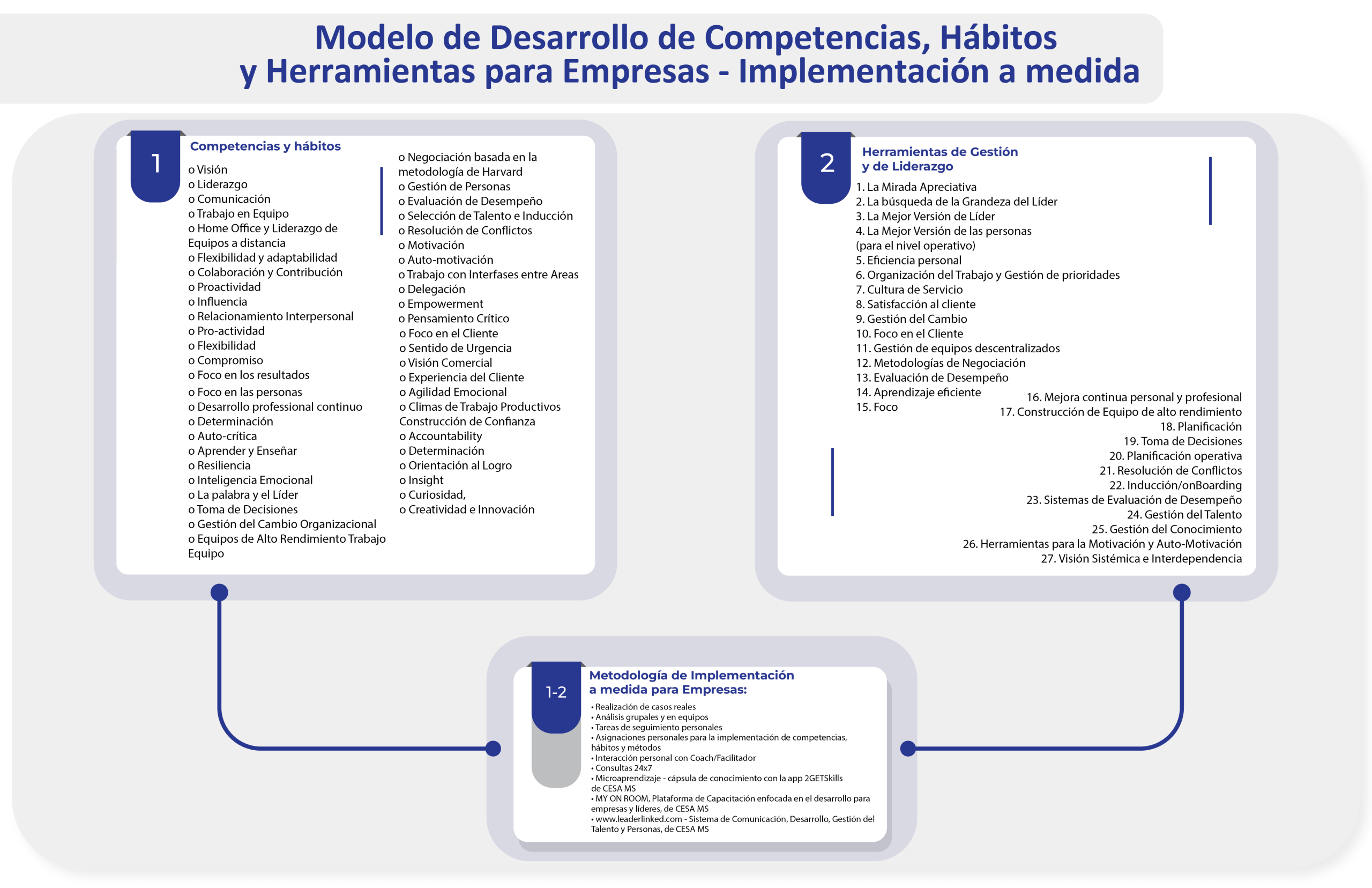 CESA les presenta las principales competencias, hábitos y herramientas de gestión y liderazgo para implementar a medida, para grupos exclusivos en la empresa, y asi lograr la evolución tan necesaria y demandada por todos.